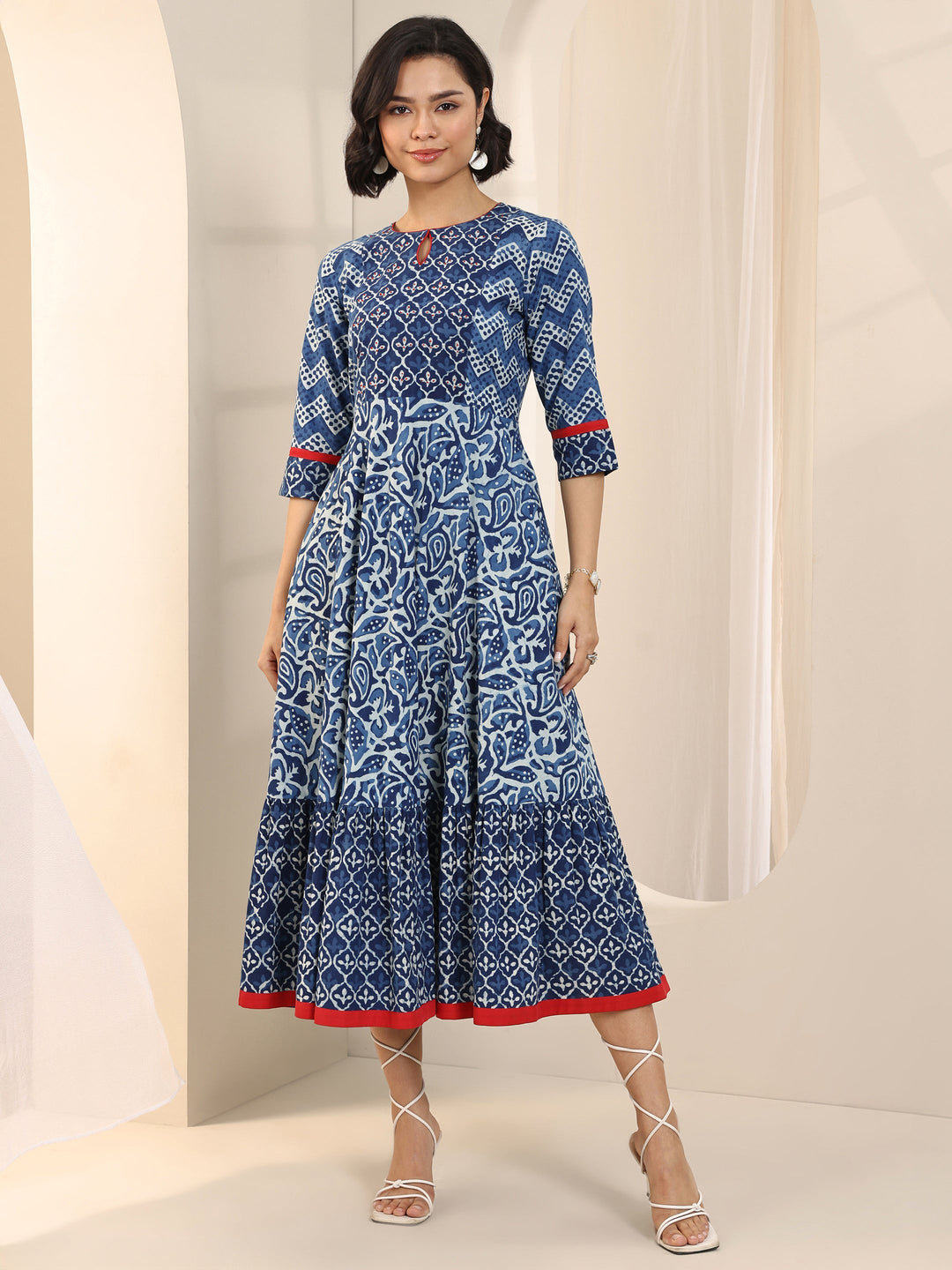 Blue Printed Cotton Fit and Flare One Piece Dress