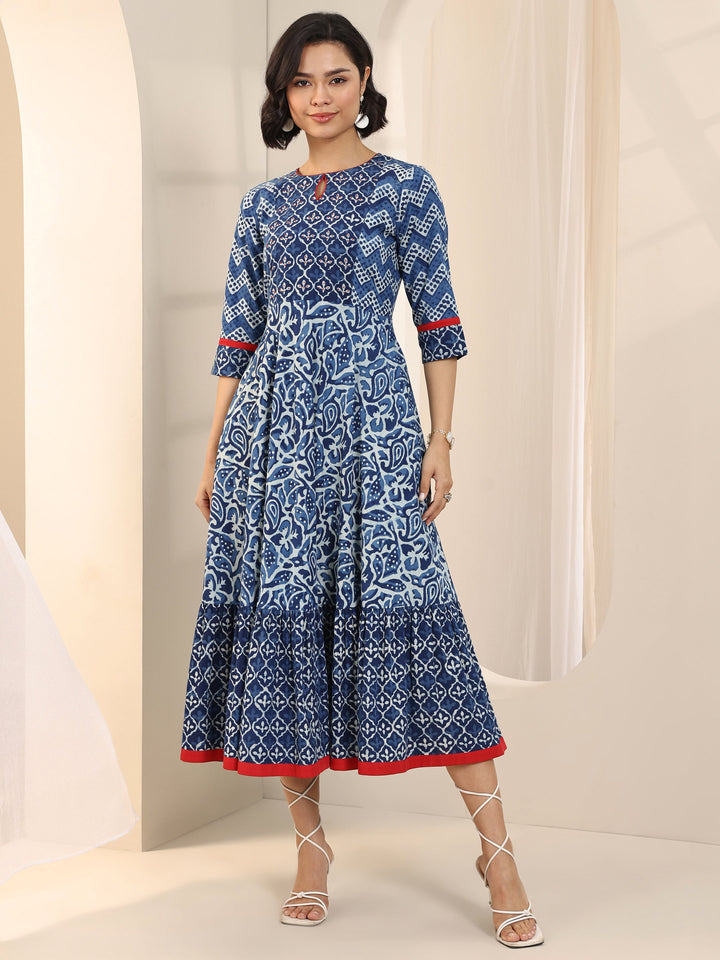 Blue Printed Cotton Fit and Flare One Piece Dress