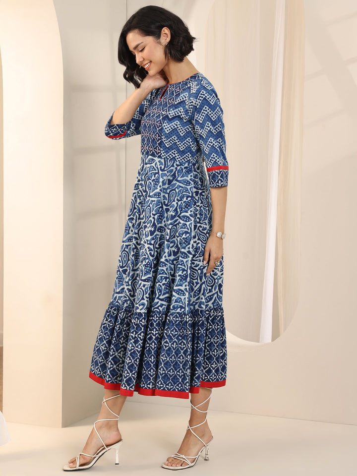 Blue Printed Cotton Fit and Flare One Piece Dress