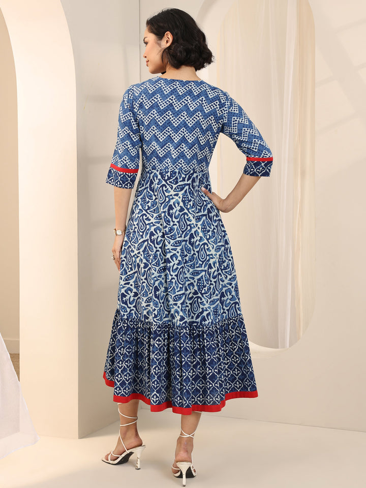 Blue Printed Cotton Fit and Flare One Piece Dress