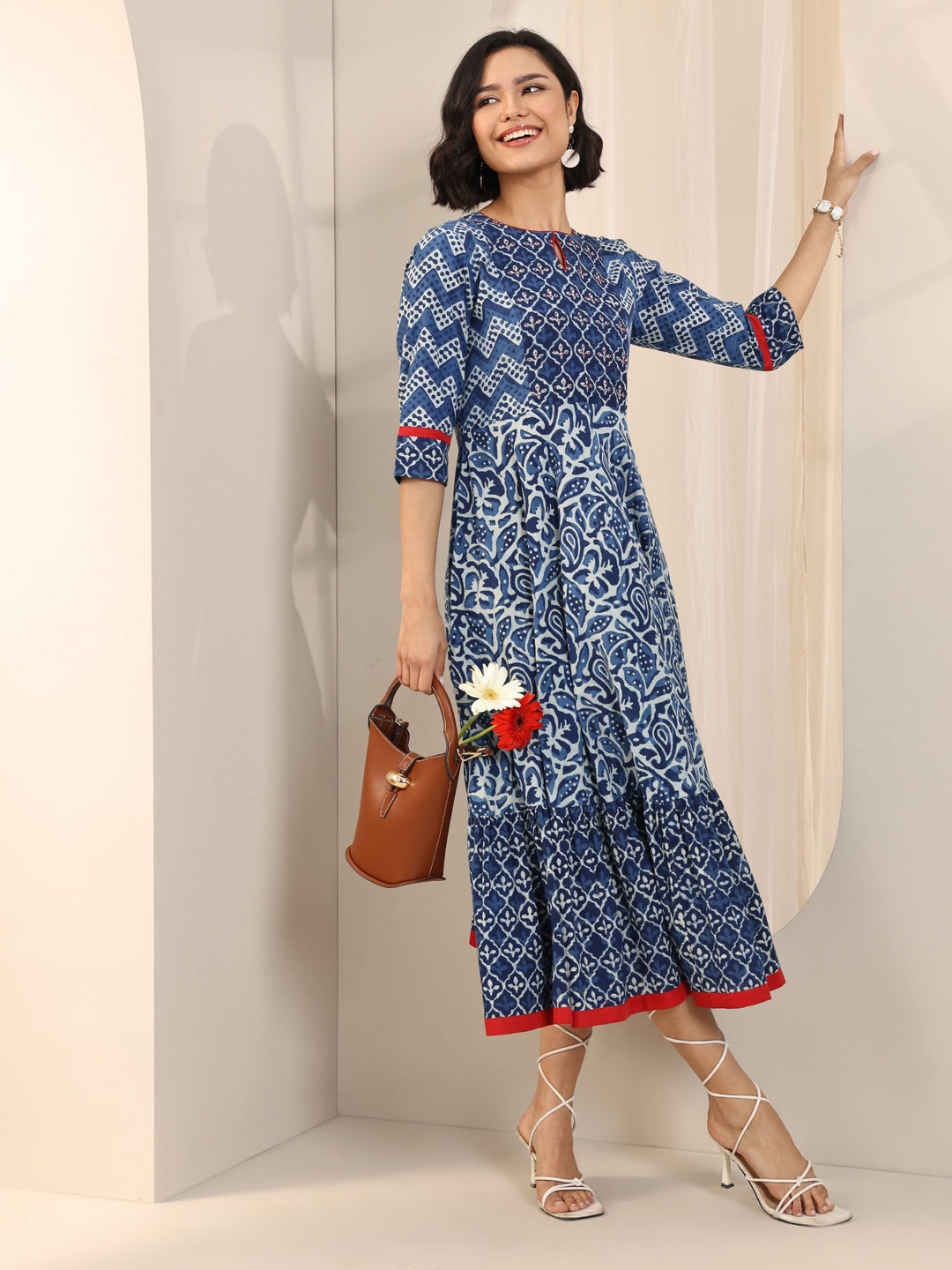 Blue Printed Cotton Fit and Flare One Piece Dress