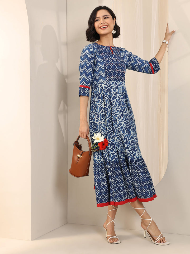 Blue Printed Cotton Fit and Flare One Piece Dress