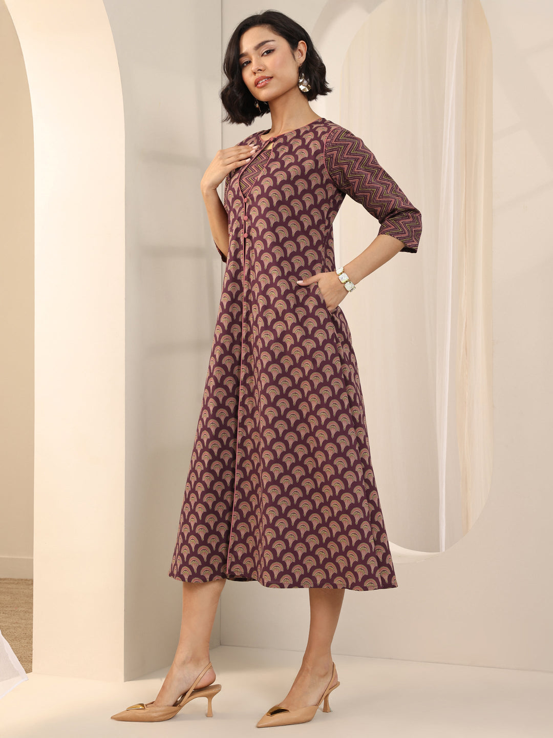 Maroon Printed Cotton Fit and Flare One Piece Dress