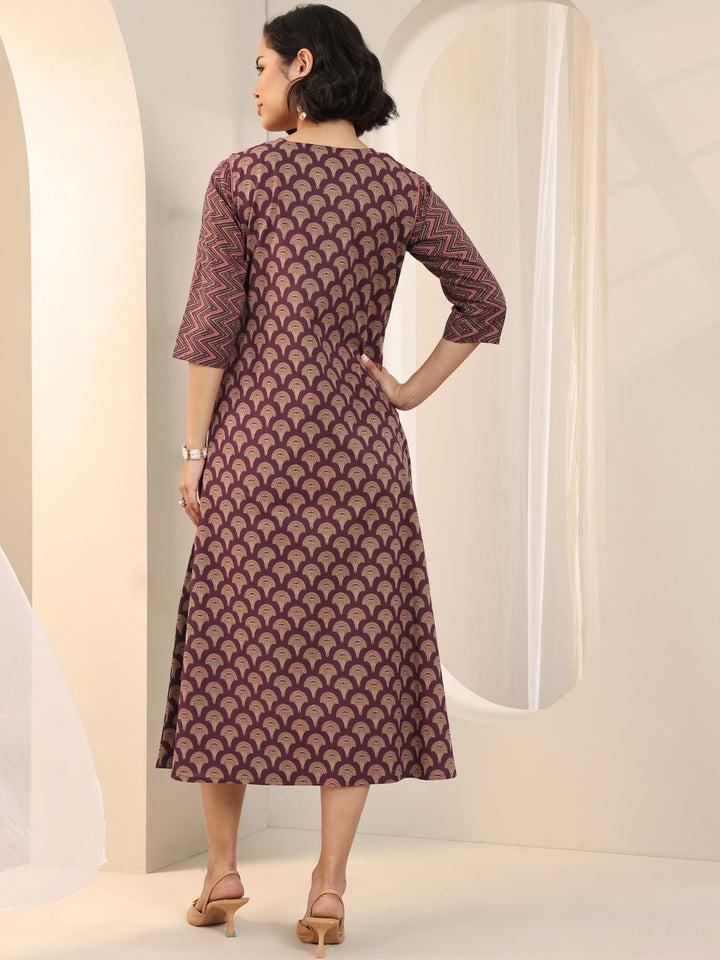 Maroon Printed Cotton Fit and Flare One Piece Dress