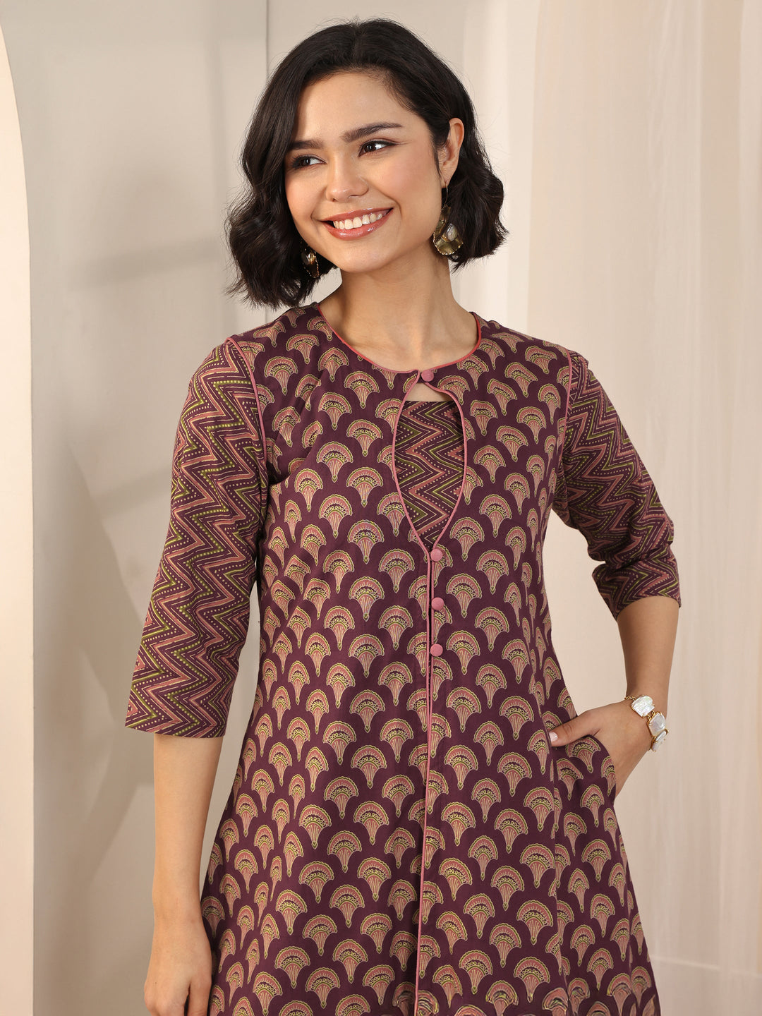 Maroon Printed Cotton Fit and Flare One Piece Dress