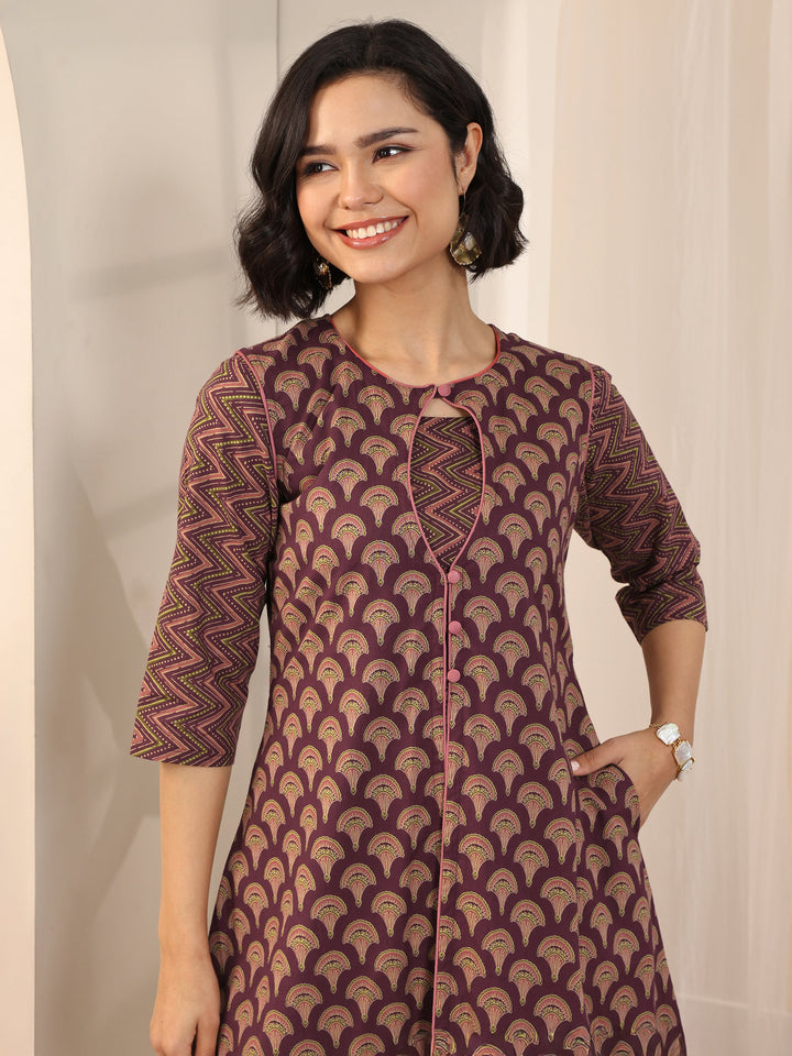 Maroon Printed Cotton Fit and Flare One Piece Dress