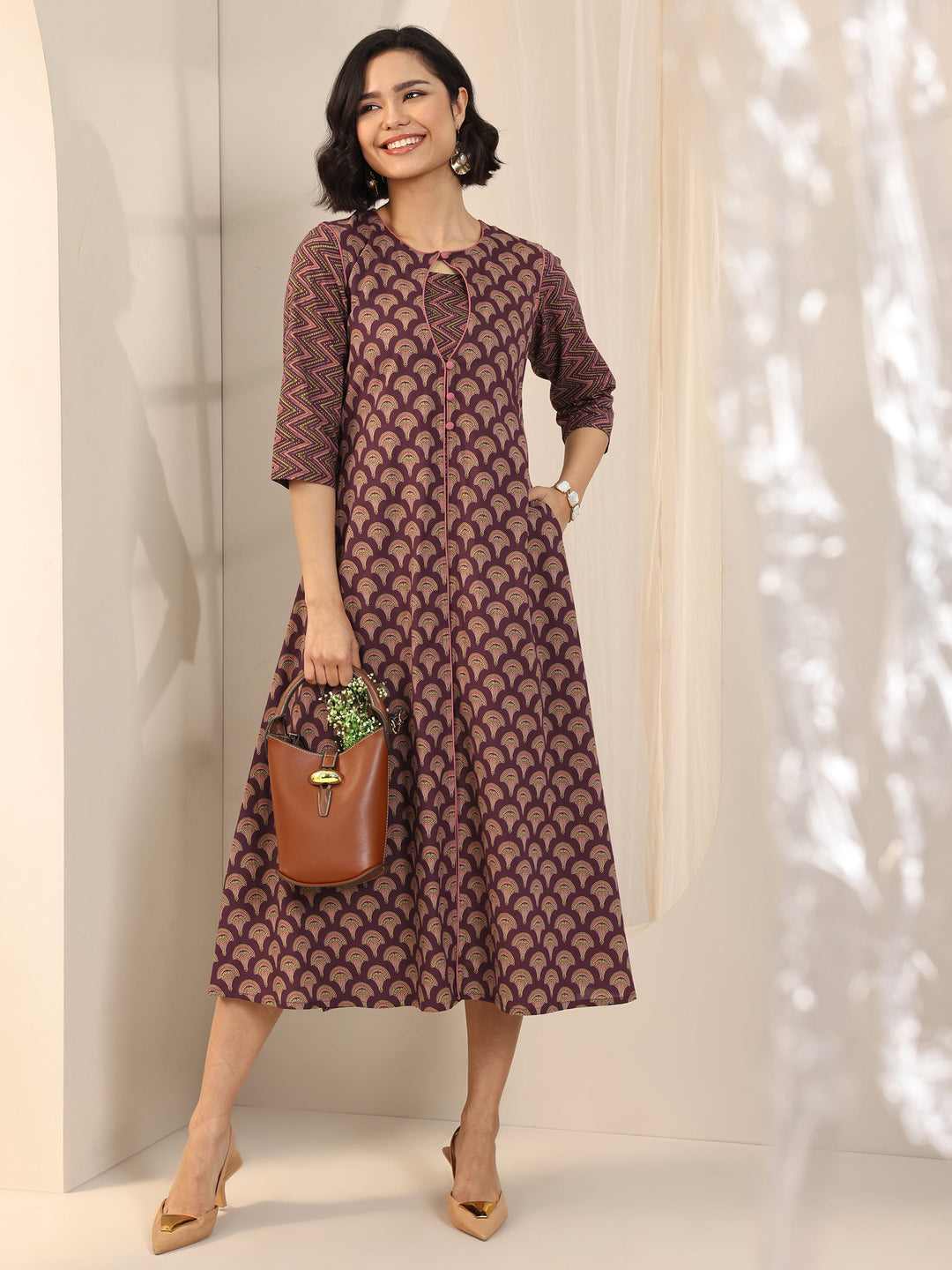 Maroon Printed Cotton Fit and Flare One Piece Dress