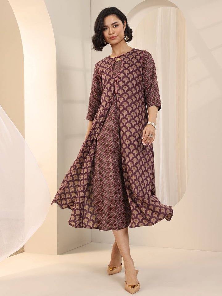 Maroon Printed Cotton Fit and Flare One Piece Dress