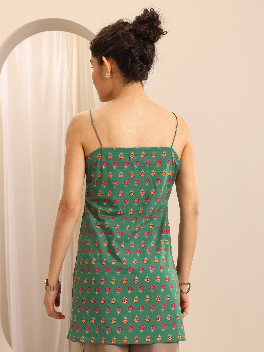 Green Printed Cotton Blend Straight Short Kurti