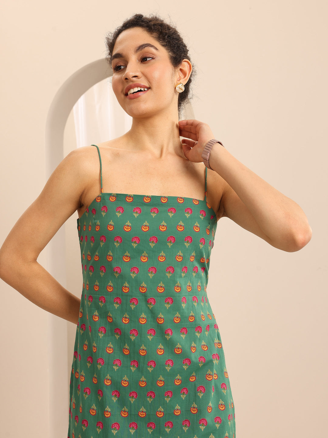 Green Printed Cotton Blend Straight Short Kurti