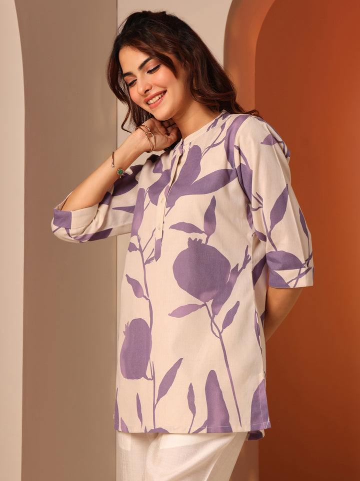 Off White Printed Cotton Straight Short Kurti