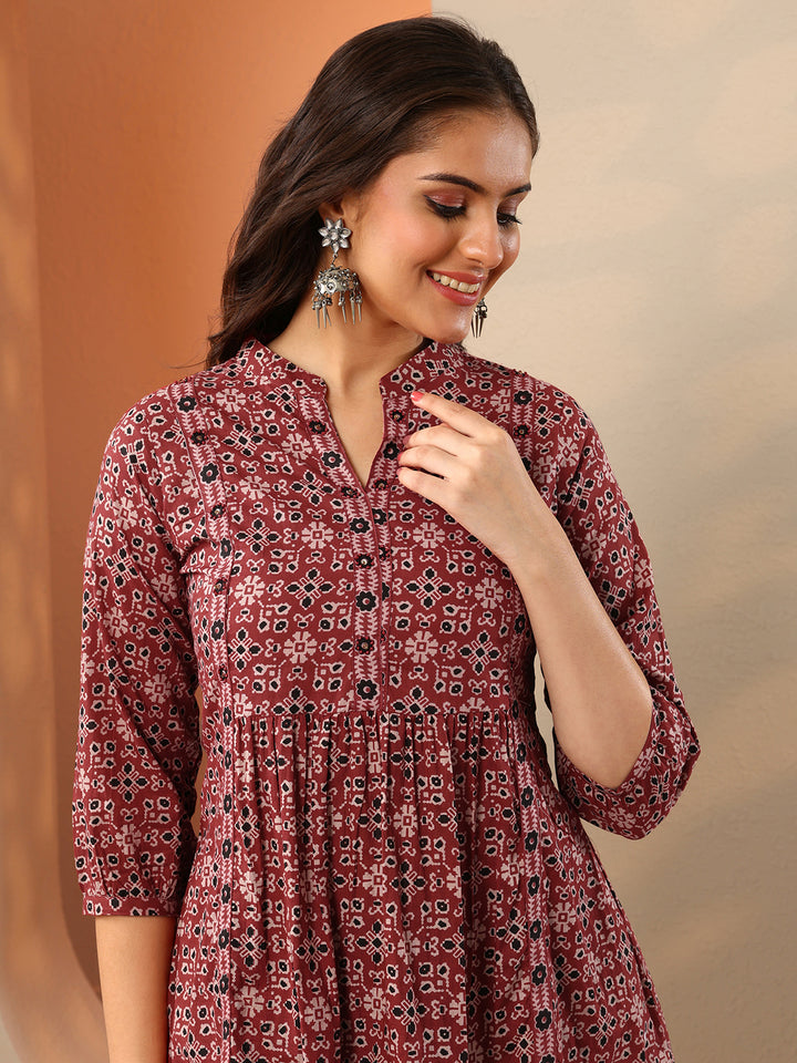 Maroon Printed Cotton A-Line Short Kurti