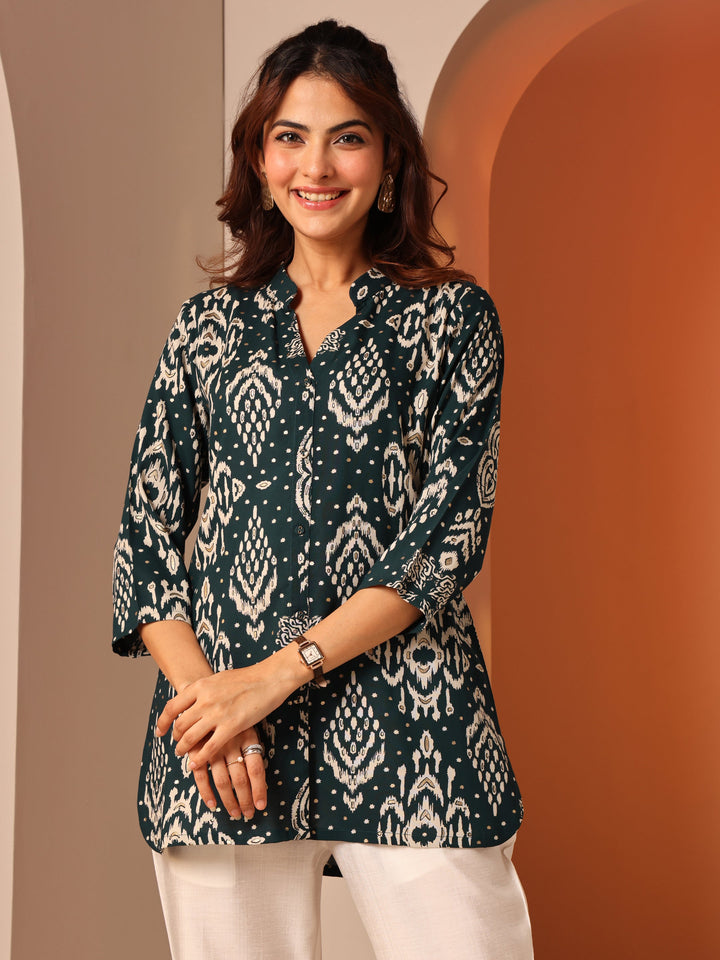 Teal Printed Rayon Straight Short Kurti