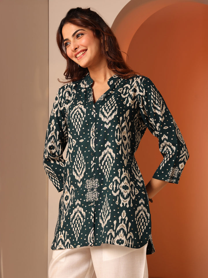 Teal Printed Rayon Straight Short Kurti