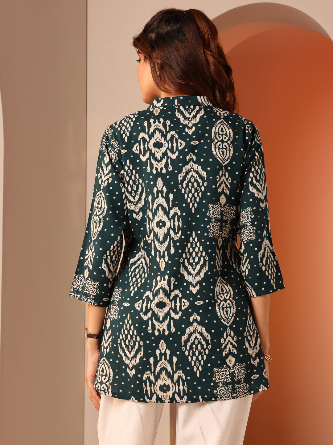 Teal Printed Rayon Straight Short Kurti