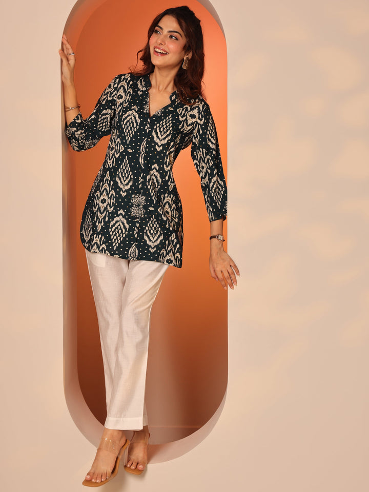 Teal Printed Rayon Straight Short Kurti