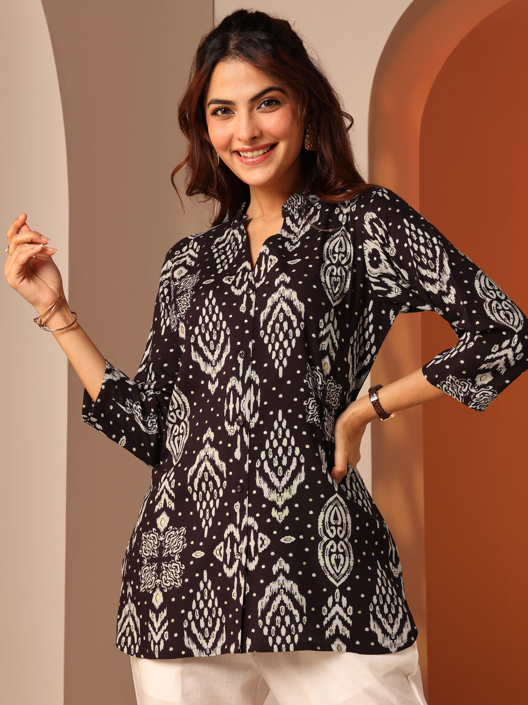 Brown Printed Rayon Straight Short Kurti
