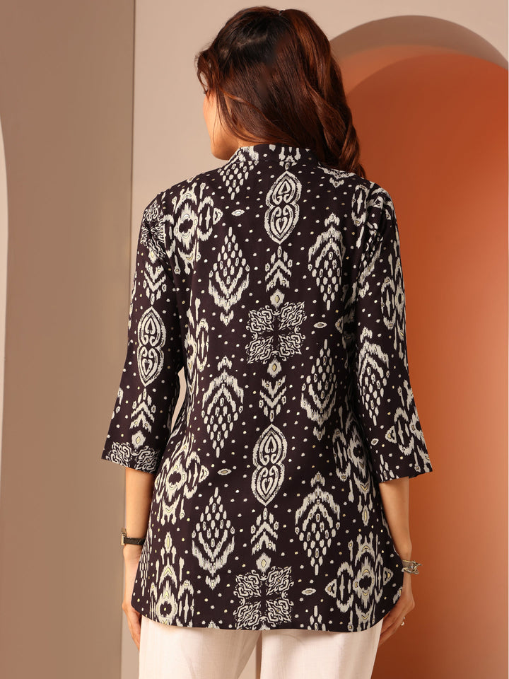 Brown Printed Rayon Straight Short Kurti