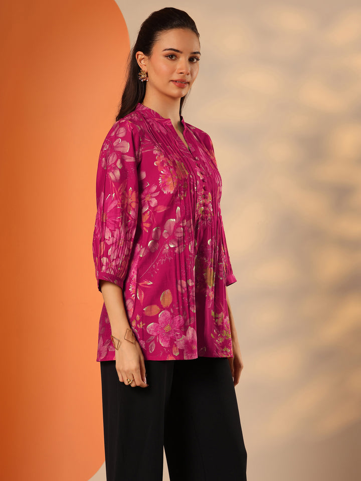 Pink Floral Silk Blend Straight Short Kurti
