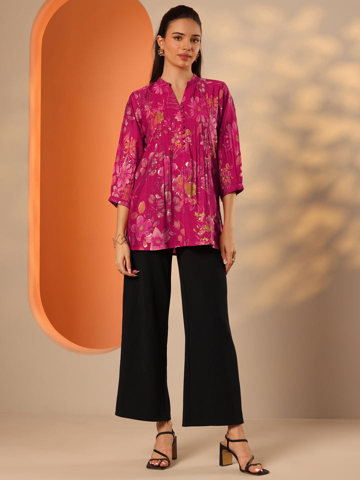 Pink Floral Silk Blend Straight Short Kurti