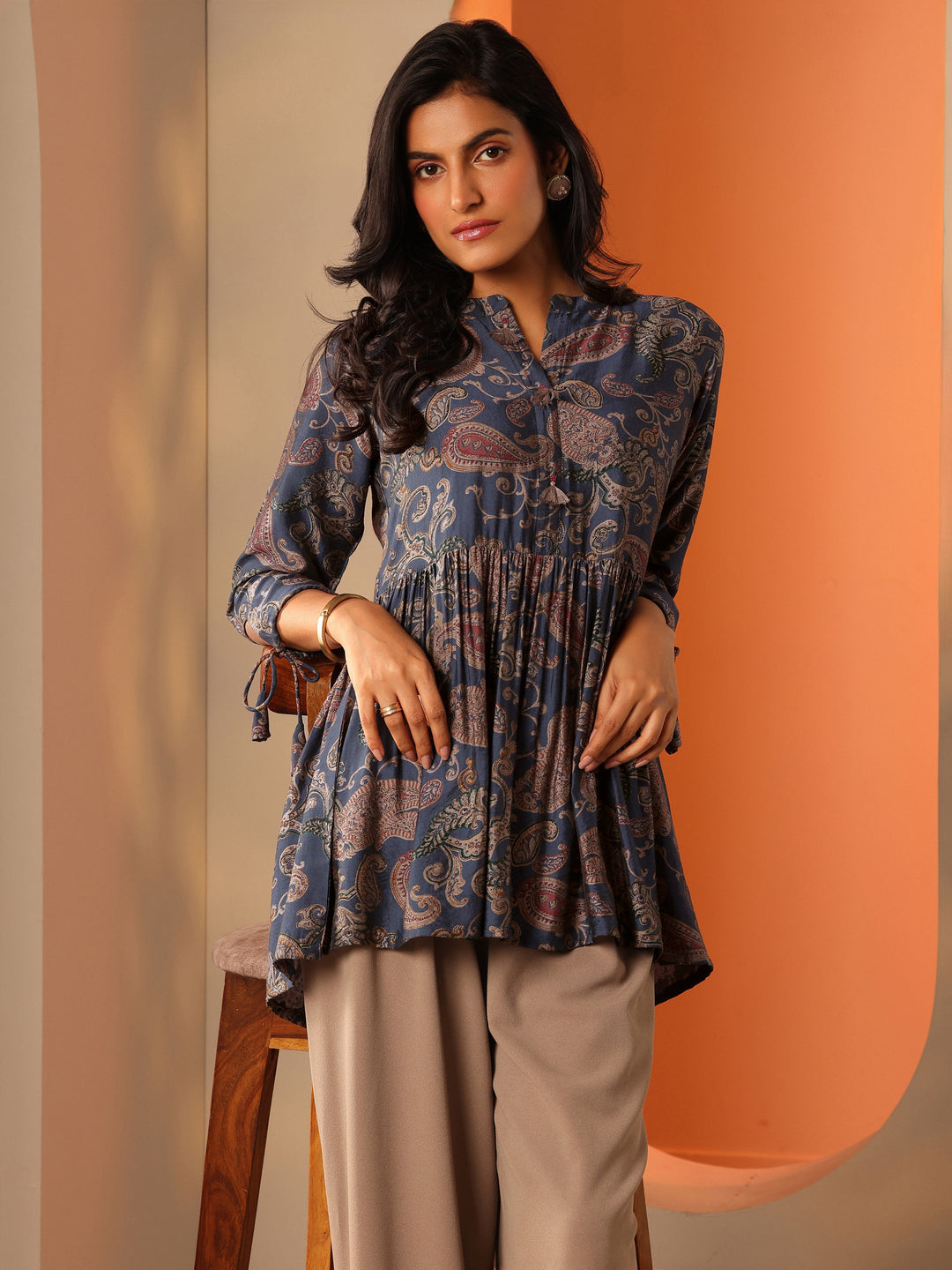 Blue Printed Rayon Straight Short Kurti