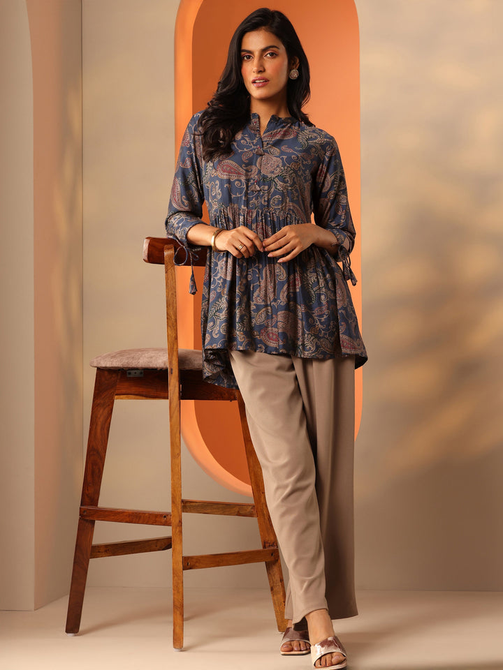 Blue Printed Rayon Straight Short Kurti
