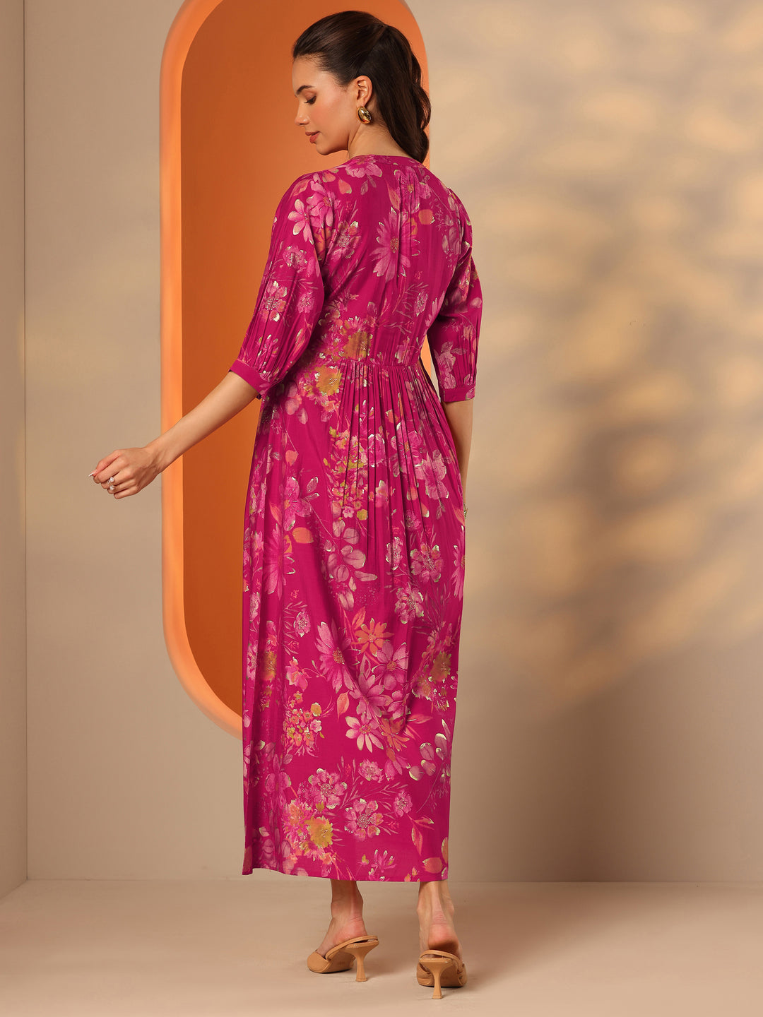 Pink Printed Silk Blend Fit And Flare One Piece Dress