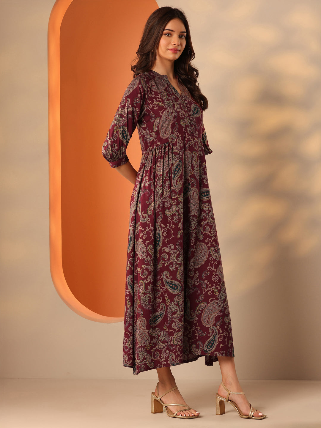 Maroon Printed Rayon Fit And Flare One Piece Dress