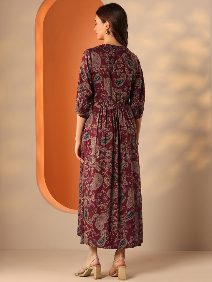 Maroon Printed Rayon Fit And Flare One Piece Dress