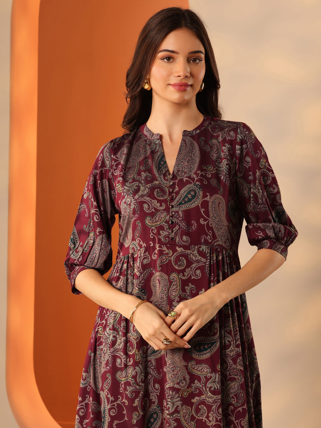 Maroon Printed Rayon Fit And Flare One Piece Dress