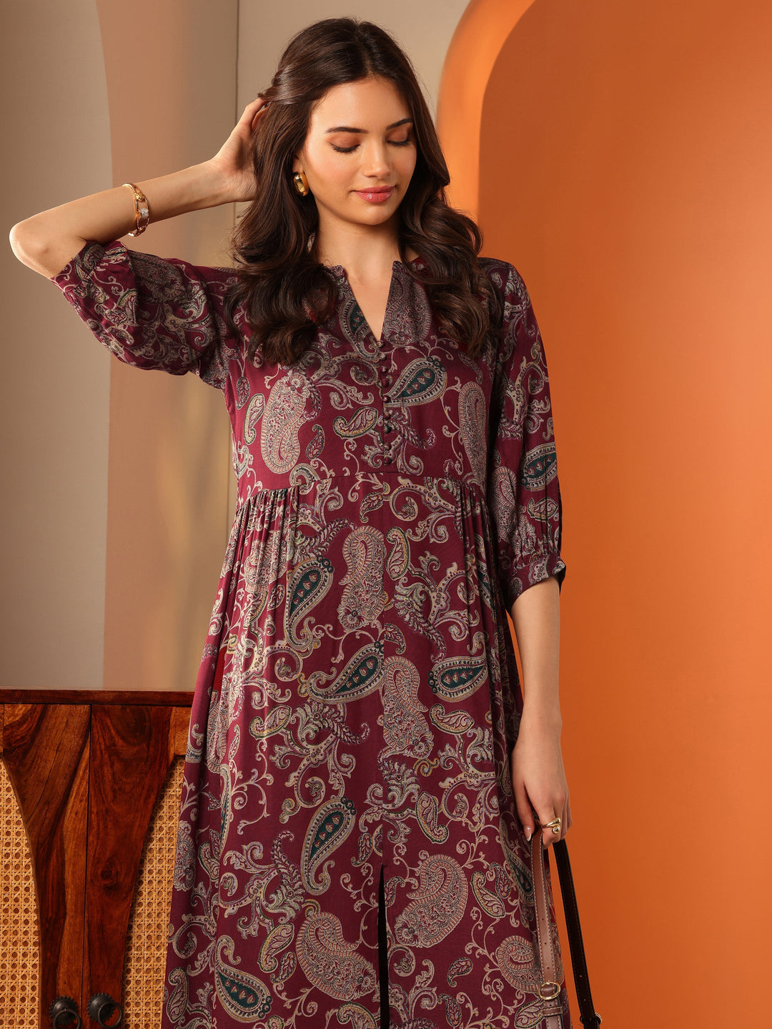 Maroon Printed Rayon Fit And Flare One Piece Dress