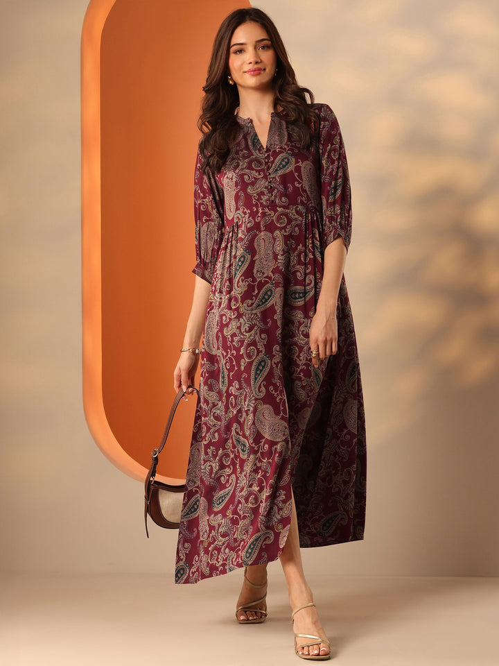 Maroon Printed Rayon Fit And Flare One Piece Dress