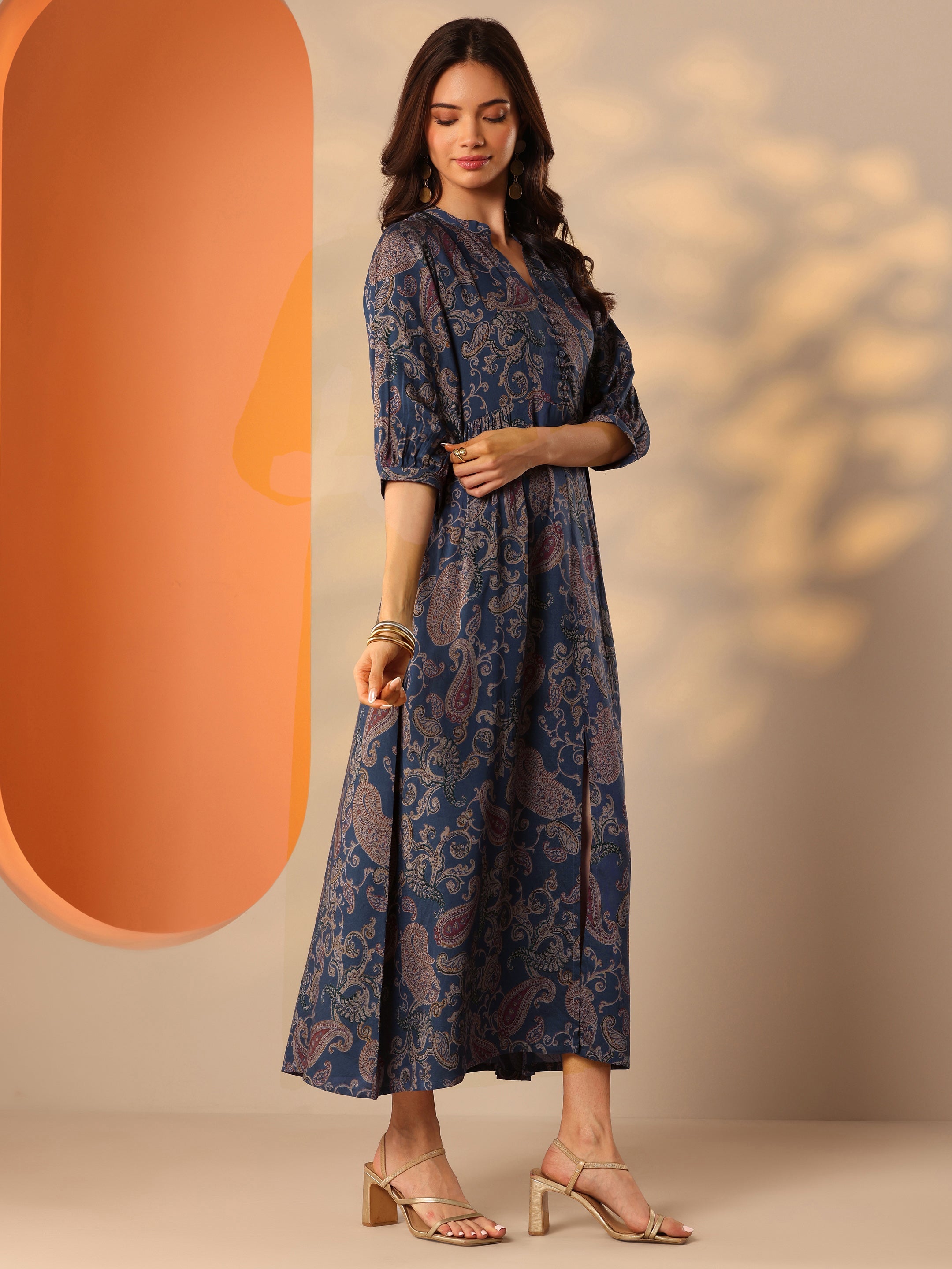 Buy Libas Blue Printed Rayon Fit And Flare One Piece Dress Online
