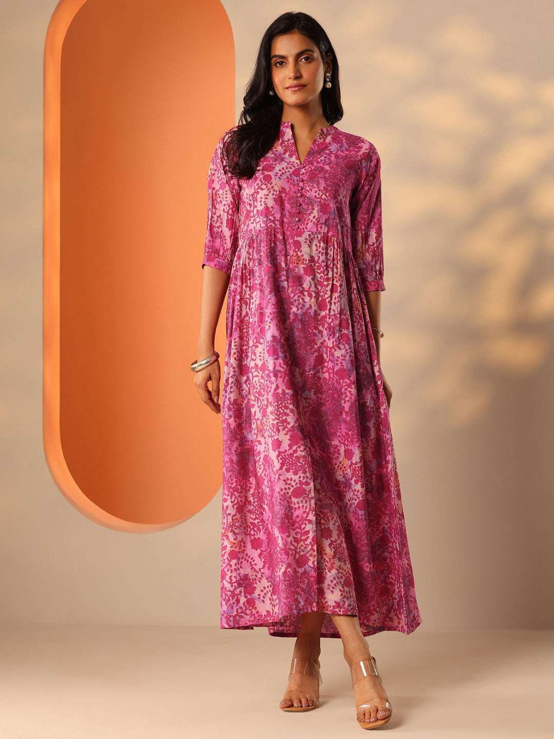 Pink Printed Silk Blend Fit And Flare One Piece Dress