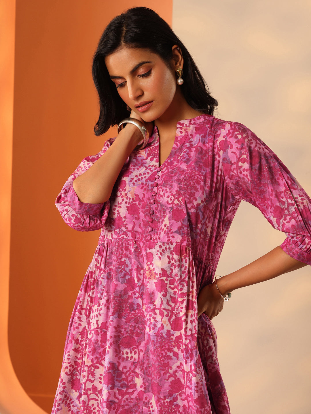 Pink Printed Silk Blend Fit And Flare One Piece Dress
