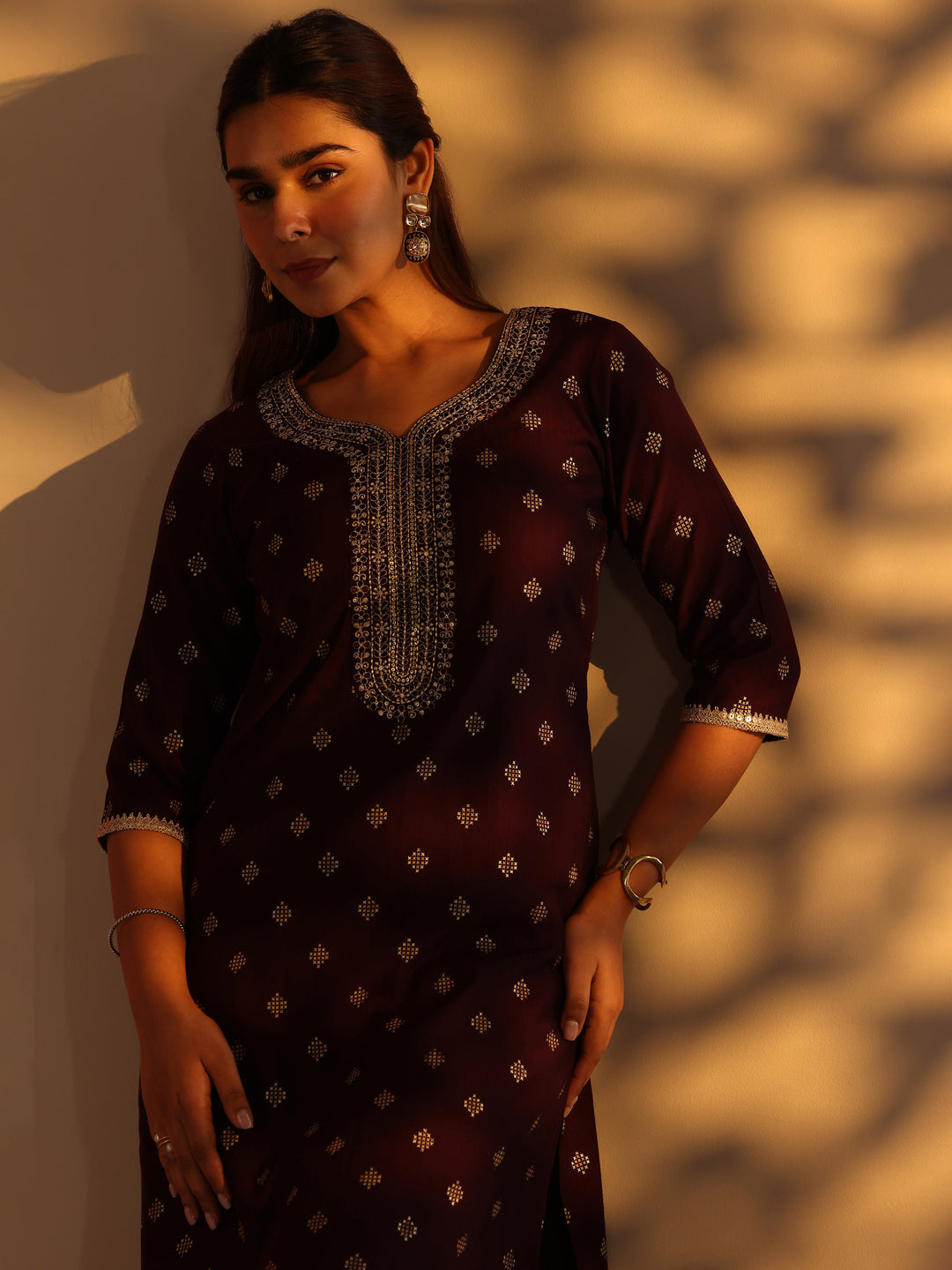 Burgundy Woven Design Silk blend Straight Kurta