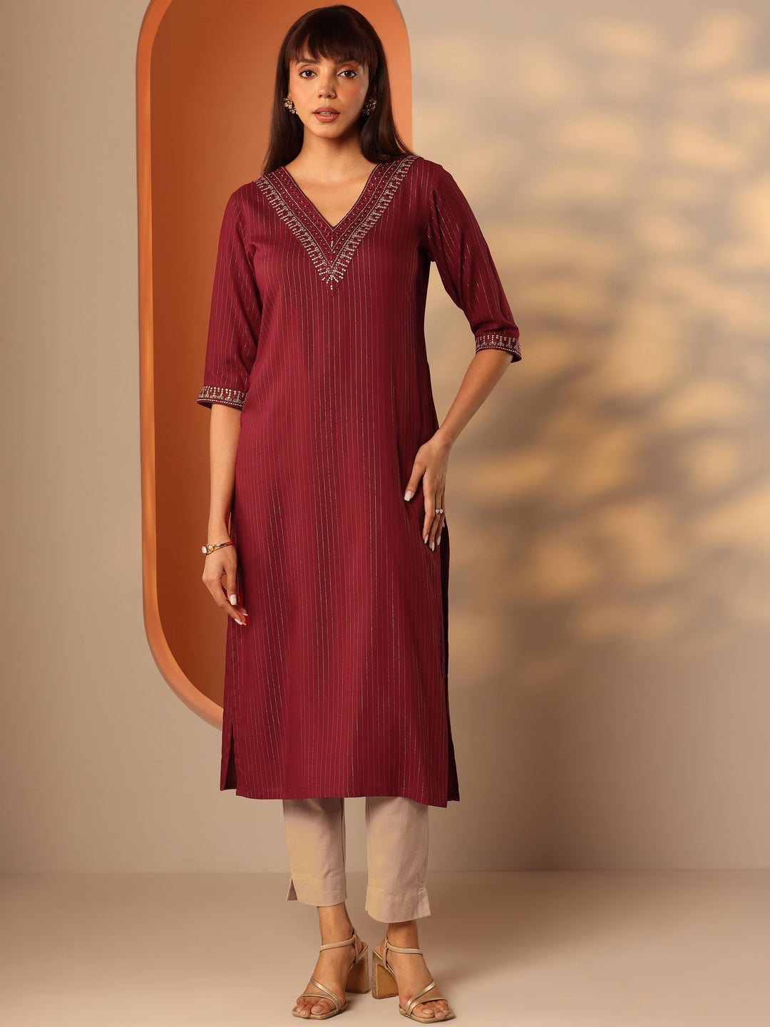 Red Embellished Rayon Straight Kurta