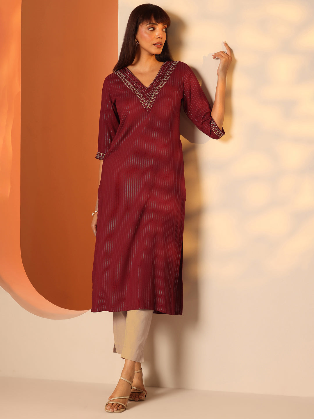 Red Embellished Rayon Straight Kurta