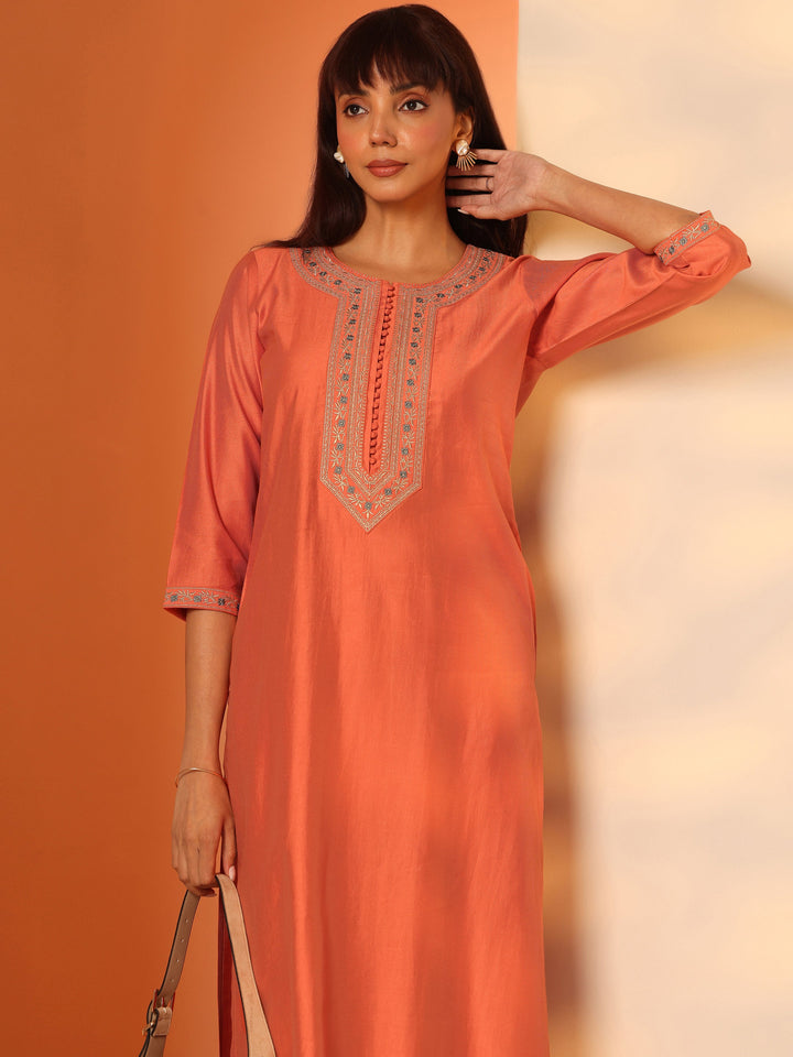 Orange Embroidered Silk Blend Straight Kurta