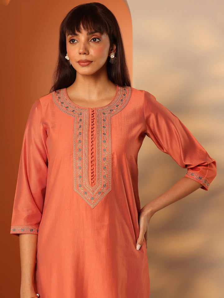 Orange Embroidered Silk Blend Straight Kurta