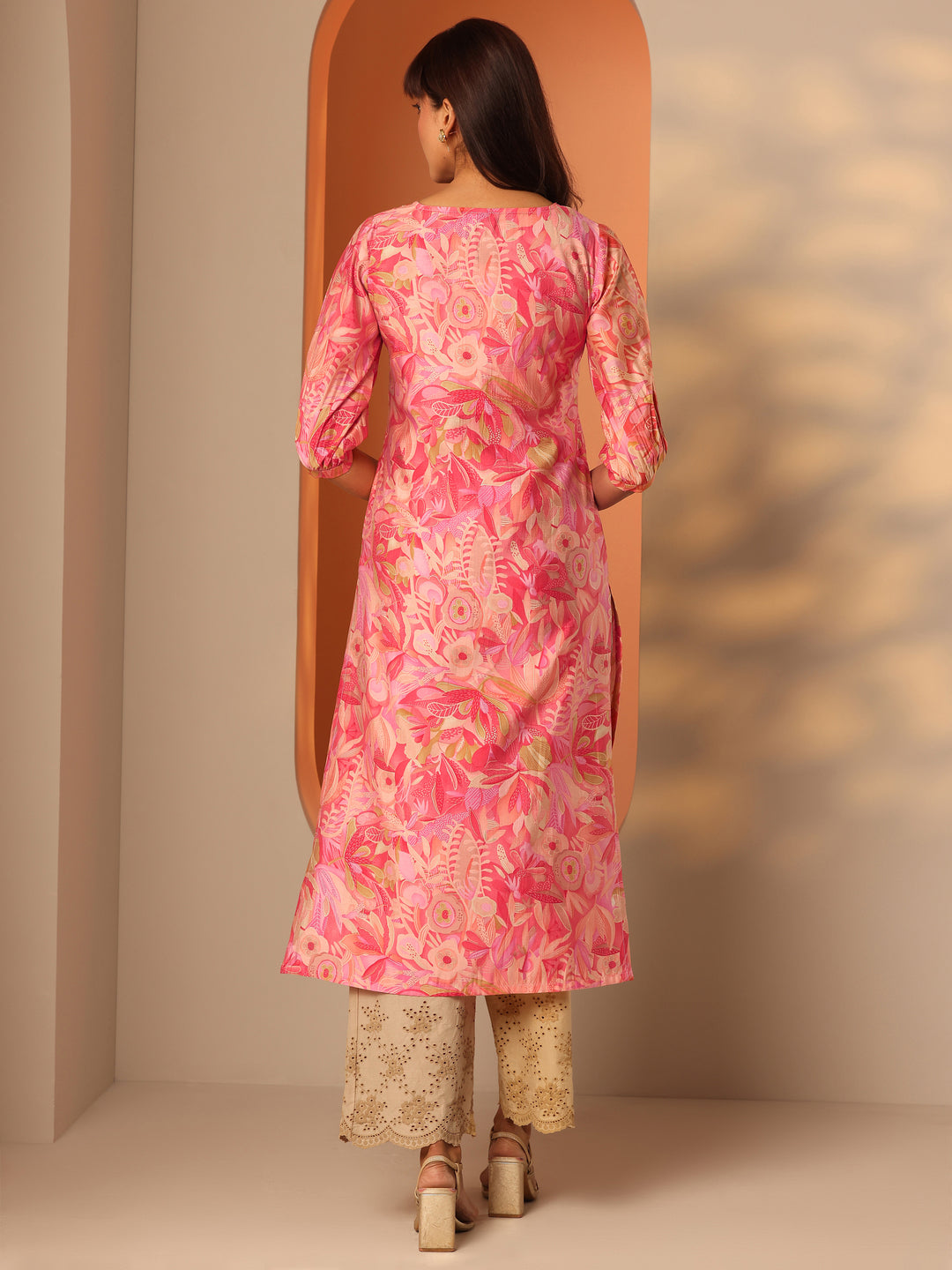 Peach Printed Silk Blend Straight Kurta