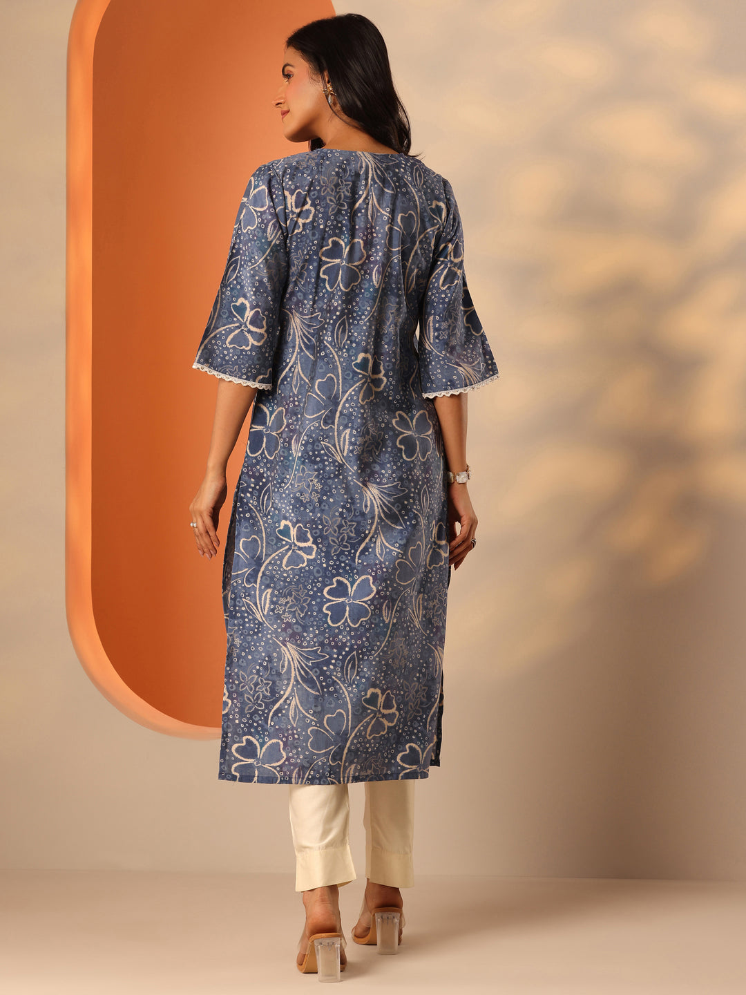 Blue Printed Silk Blend Straight Kurta