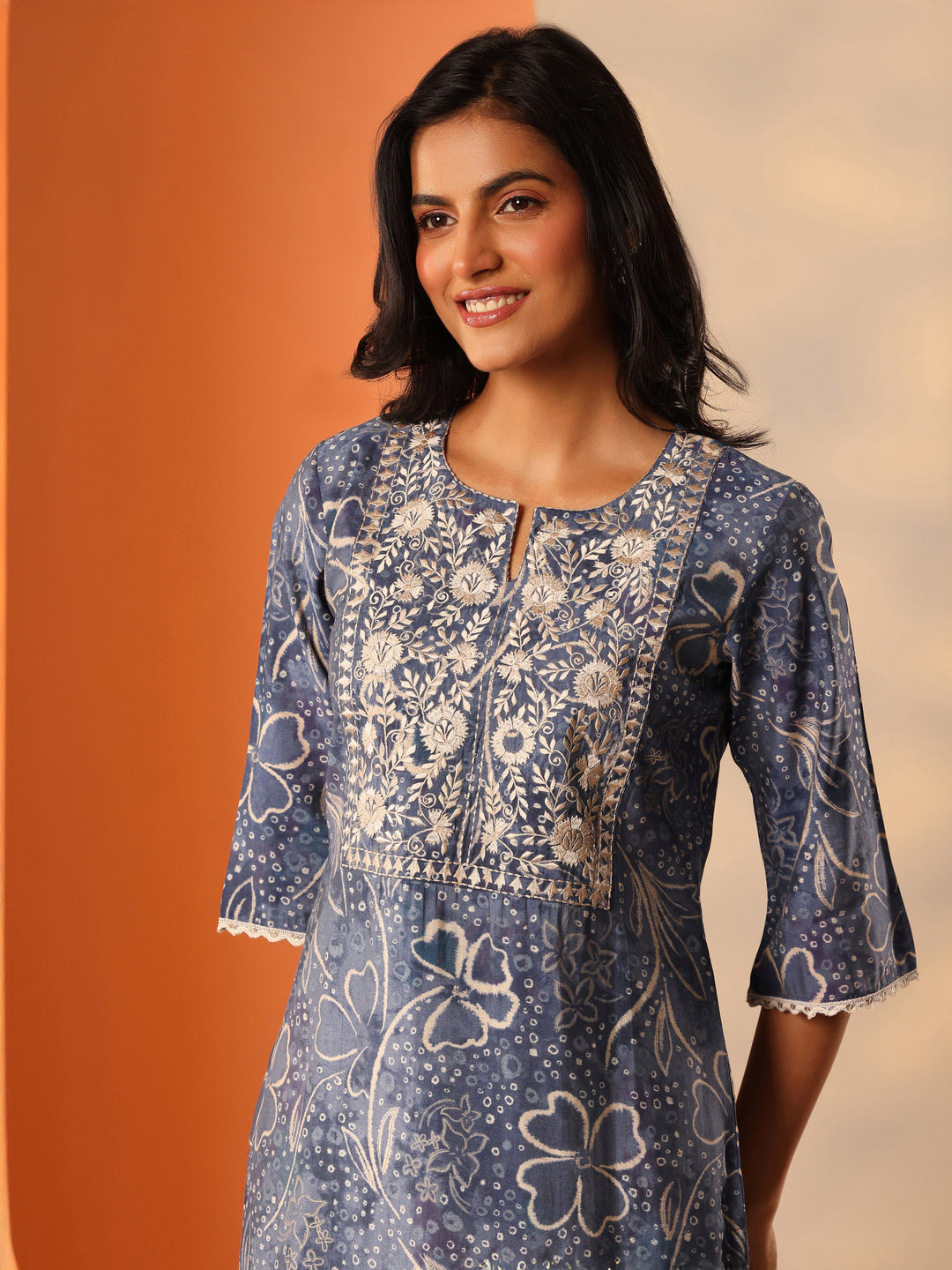 Blue Printed Silk Blend Straight Kurta