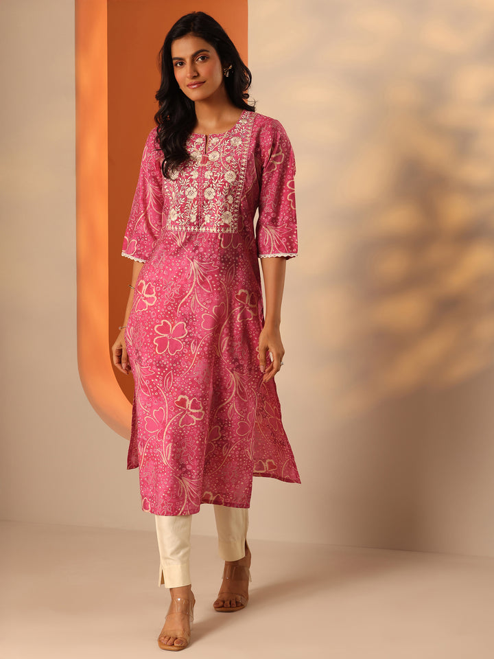 Pink Printed Silk Blend A-Line Kurta
