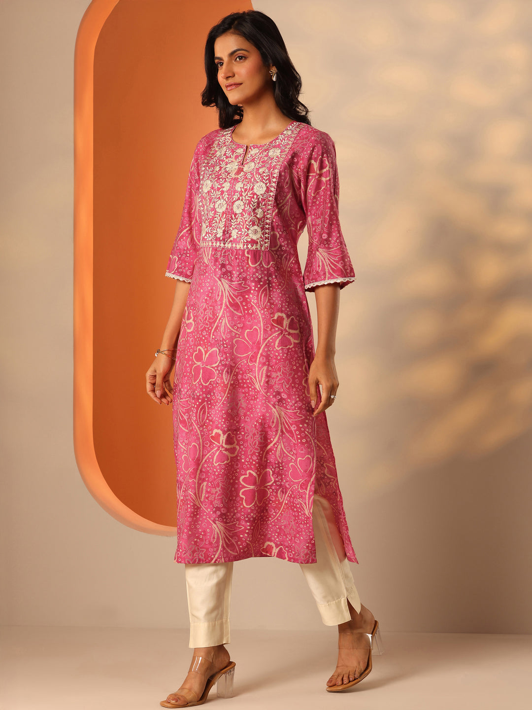 Pink Printed Silk Blend A-Line Kurta