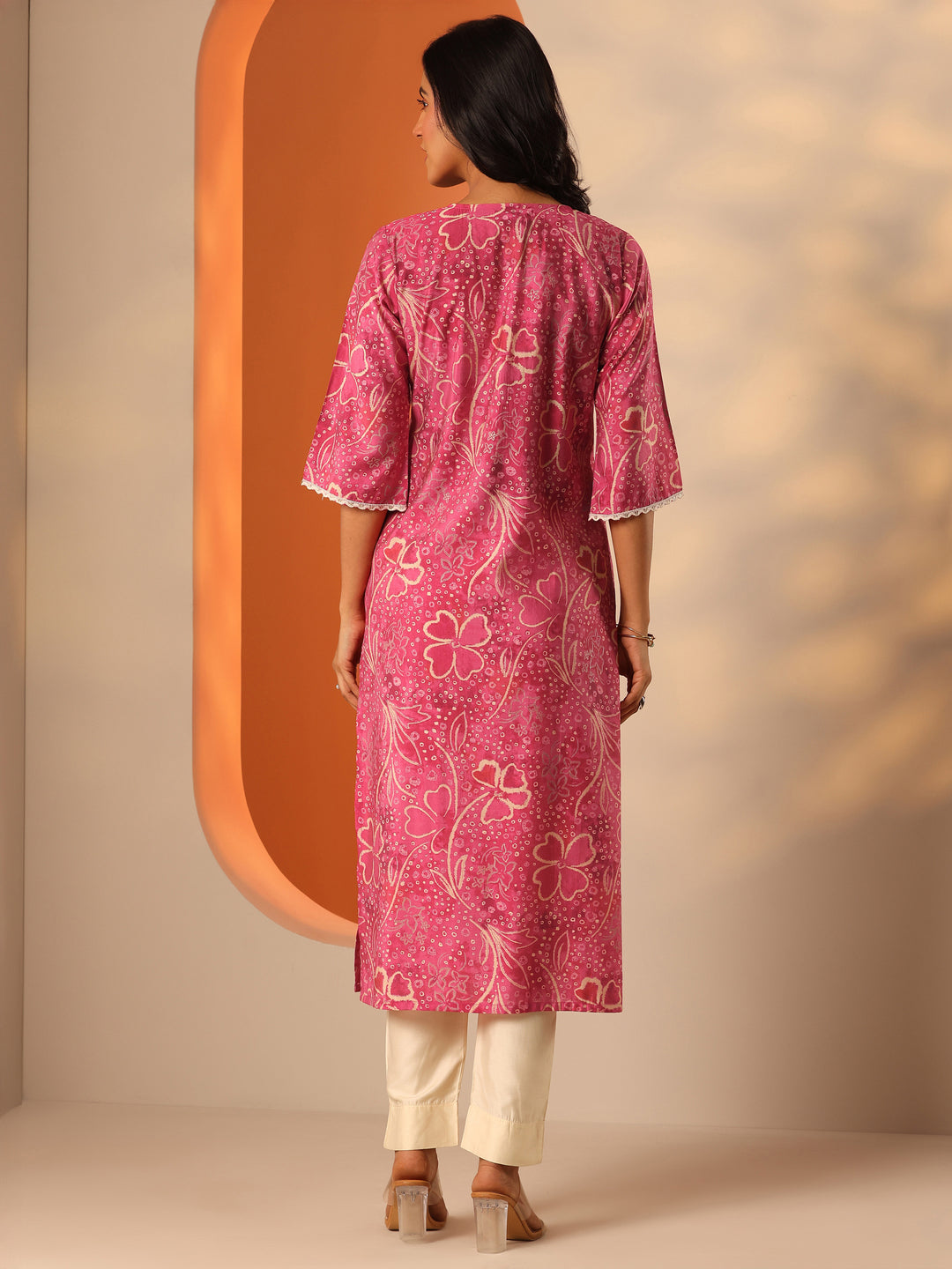 Pink Printed Silk Blend A-Line Kurta
