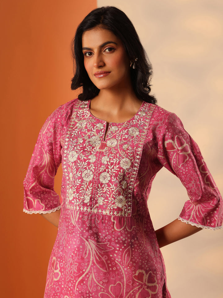 Pink Printed Silk Blend A-Line Kurta