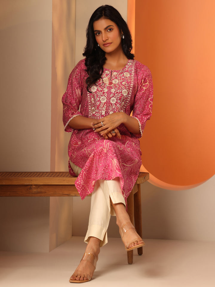Pink Printed Silk Blend A-Line Kurta