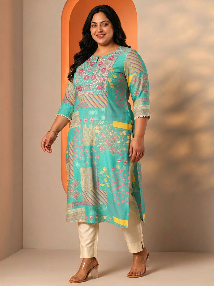 Plus Size Blue Floral Printed Silk Blend Straight Kurta