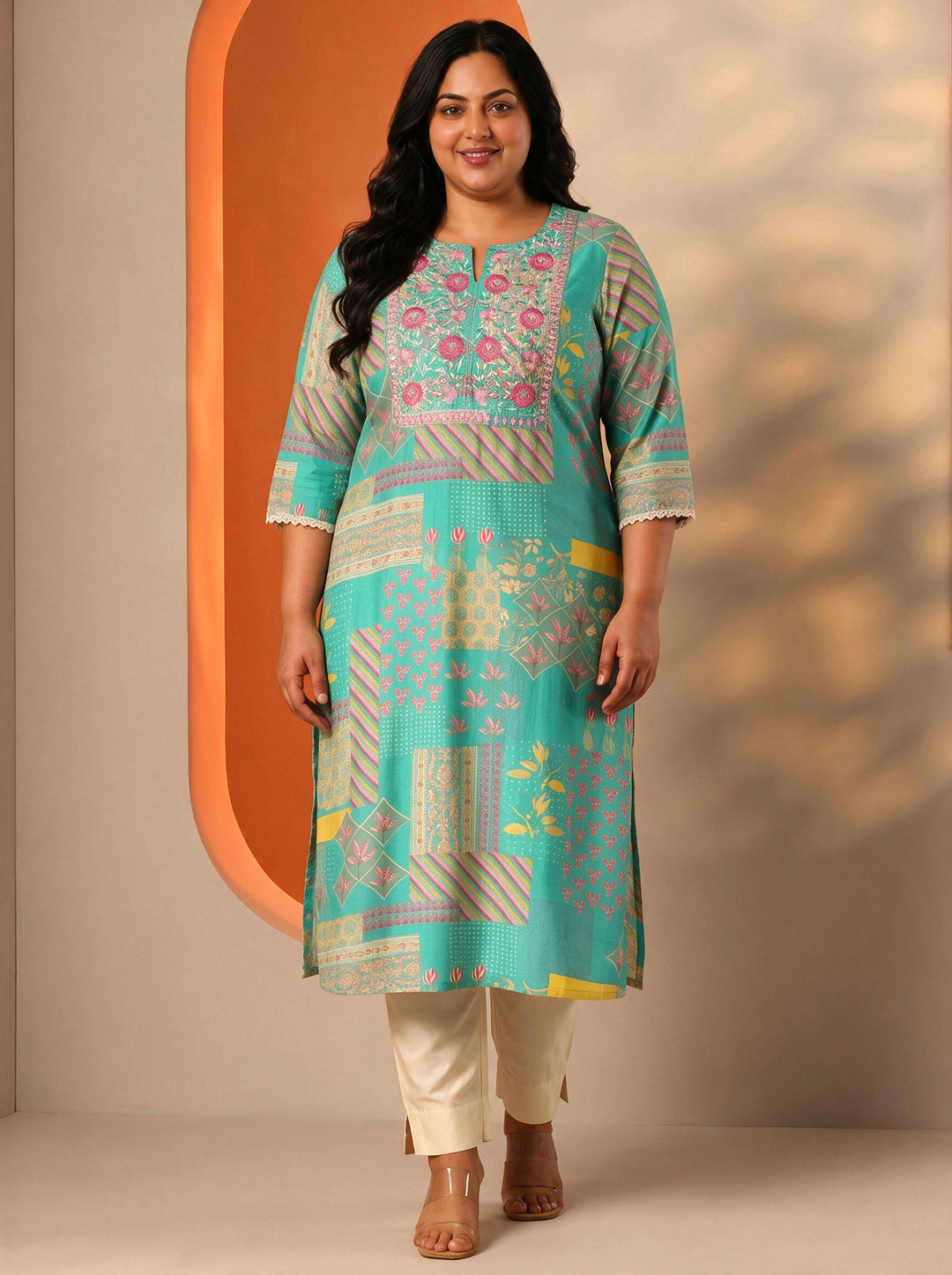 Plus Size Blue Floral Printed Silk Blend Straight Kurta